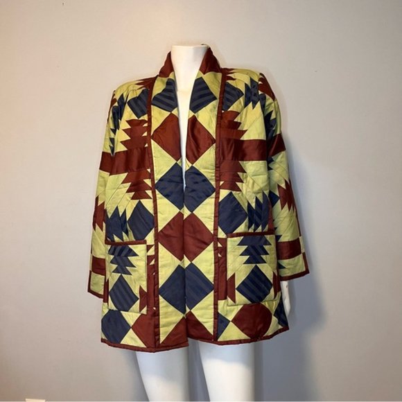 Handmade Lightweight Yellow, Burgundy and Blue Patchwork Jacket One Size - Picture 1 of 8
